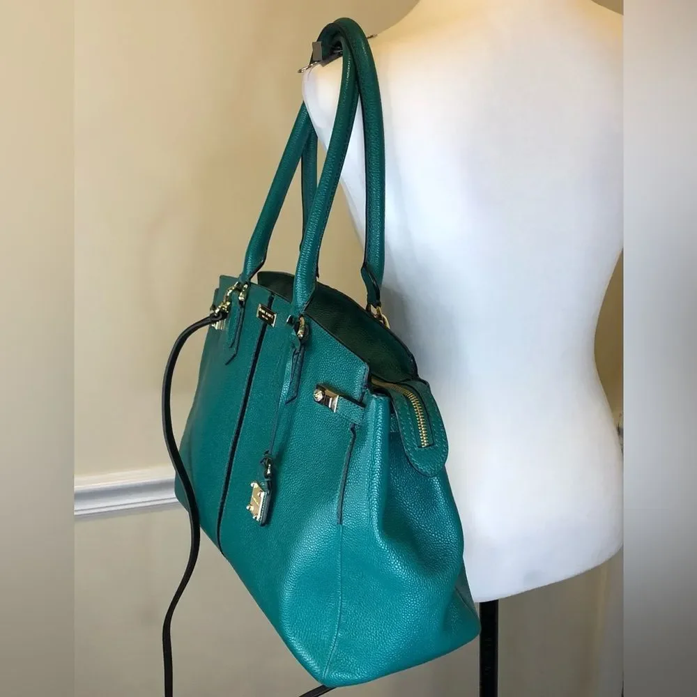 HENRI BENDEL Teal Caviar Carlyle Leather Tote Shoulder Bag Wallet & Strap SET